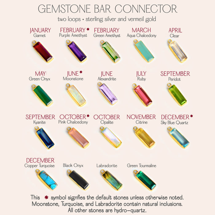 gemstone bar connector chart showing twelve monthly birthstones for vertical bar necklaces, including January garnet, February purple amethyst and green amethyst, March aqua chalcedony, April clear, May green onyx, June moonstone and alexandrite, July ruby, September peridot and kyanite, October pink chalcedony and opalite, November citrine, December sky blue quartz and copper turquoise, plus black onyx, labradorite and green tourmaline, sterling silver and vermeil gold two-loop bar charms