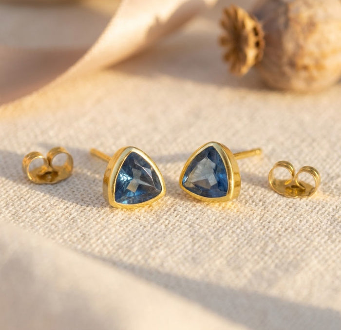 Blue sapphire style kyanite earrings gold bezel set gemstone studs