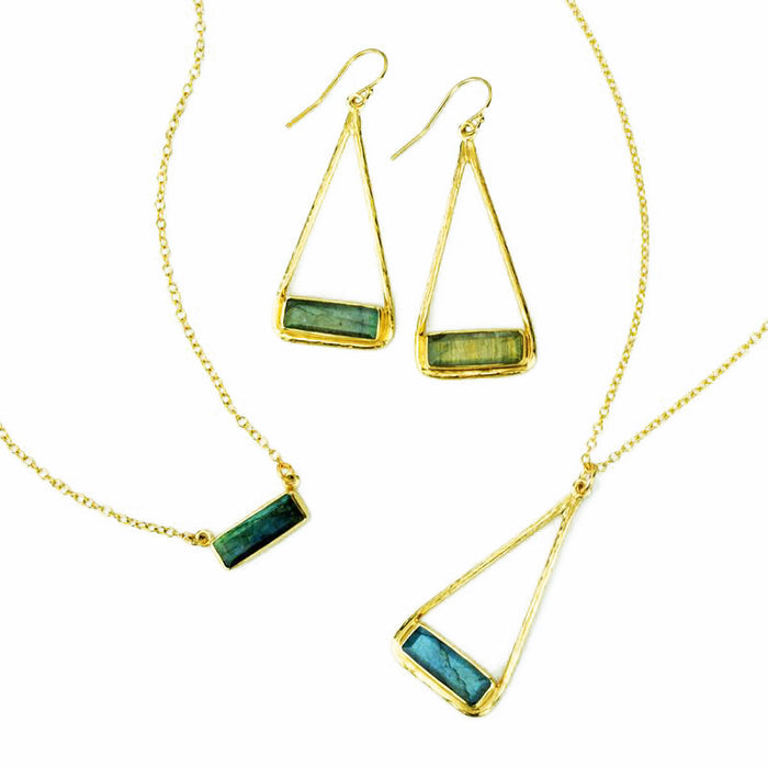 Labradorite Adira Bar Triangle Pendant Necklace, Sterling Silver, Gold Vermeil, Modern Boho Chic Frame Pendant Necklace for Women, Flashy Labradorite