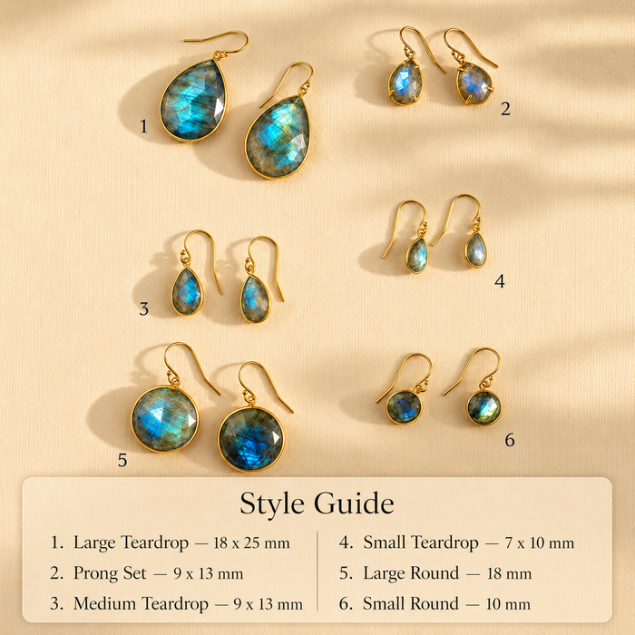 Labradorite earring style guide showing several sizes and shapes, including large teardrop, medium teardrop, small teardrop, and round gemstone drop earrings.