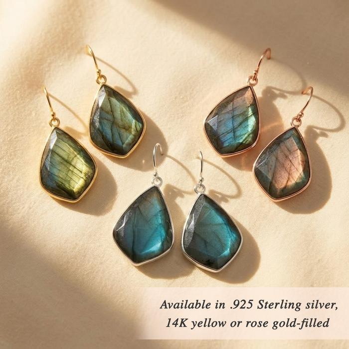Dainty labradorite earrings minimalist gold drop earrings in rose gold or sterling silver