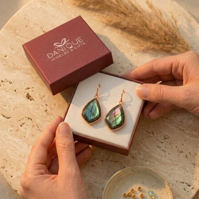 Labradorite dangle earrings with natural stone blue flash effect in danique jewelry box