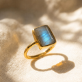 Labradorite rectangle ring in gold with natural blue flash 8x11mm gemstone.