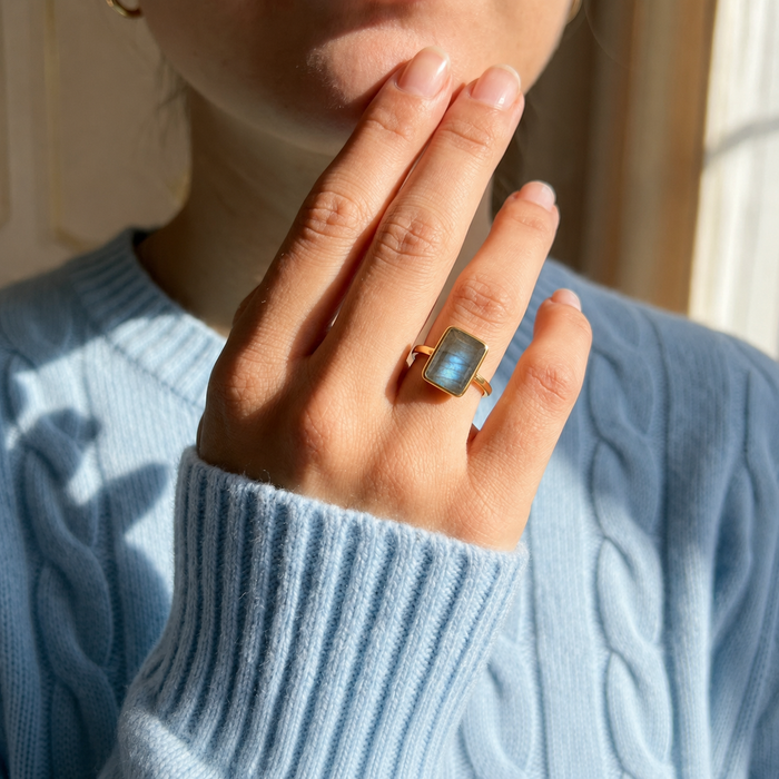 Labradorite ring worn with pastel blue sweater, showing blue flash rectangular stone.