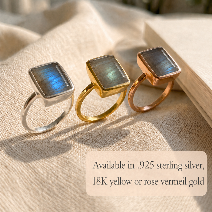 Labradorite ring in silver, gold, and rose gold vermeil metal finishes.