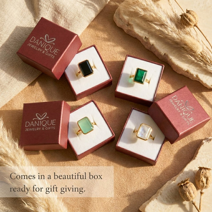 Aqua chalcedony ring displayed in Danique Jewelry gift box, ready for gifting.