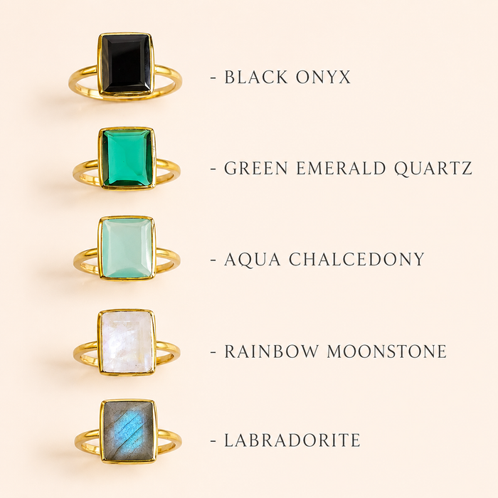 Aqua chalcedony March birthstone ring with 8x11mm gemstone size text overlay.