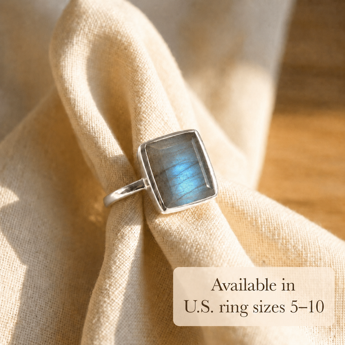Sterling Silver labradorite ring with 8x11mm rectangular gemstone size text overlay.