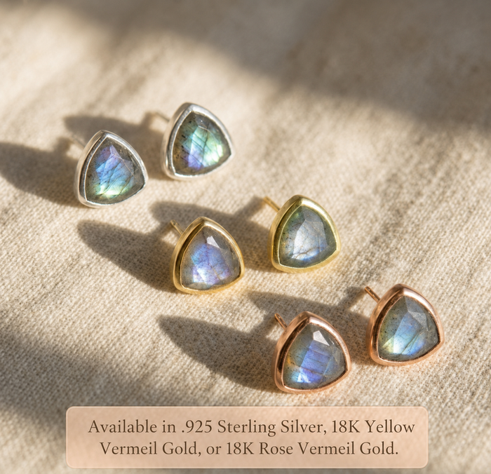 Labradorite triangle stud earrings shown in .925 sterling silver, 18K yellow vermeil gold, and 18K rose vermeil gold.
