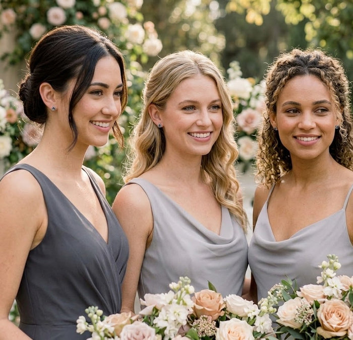 Bridesmaids wearing gemstone triangle stud earrings, a meaningful jewelry gift for bridal party or wedding day.
