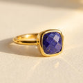 Lapis lazuli cushion ring in gold bezel setting, deep blue gemstone ring with square shape, elegant statement ring for women
