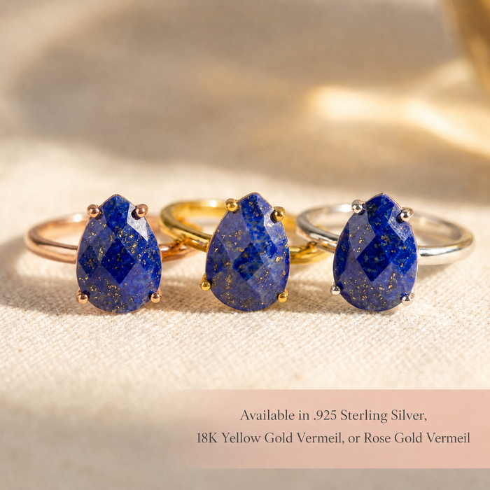 Lapis lazuli teardrop ring shown in gold, silver, and rose gold settings with natural blue gemstone options.