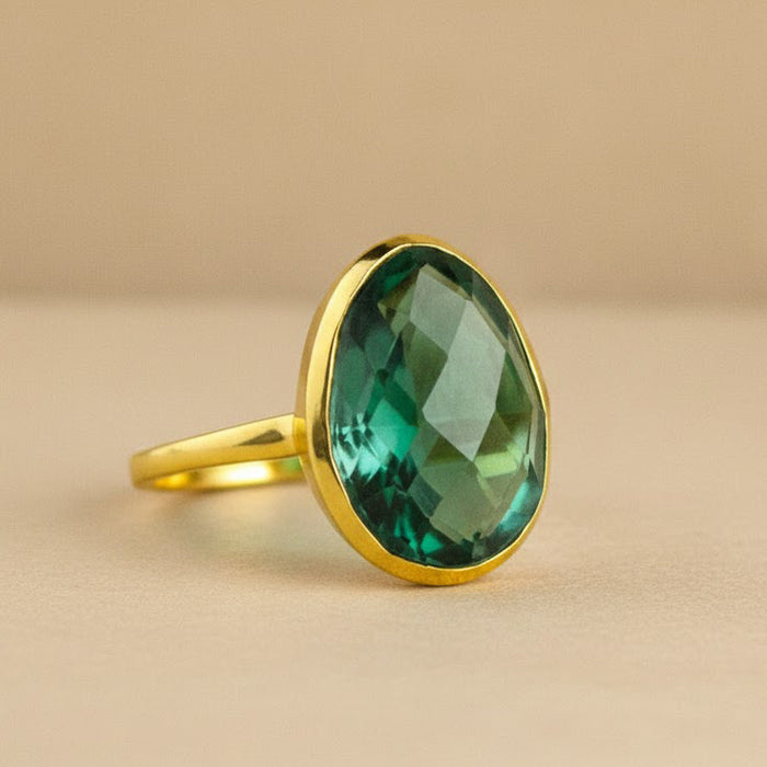 Green tourmaline oval ring in 14k gold bezel setting, minimalist statement gemstone ring, October birthstone jewelry for women, modern solitaire cocktail ring gift for her