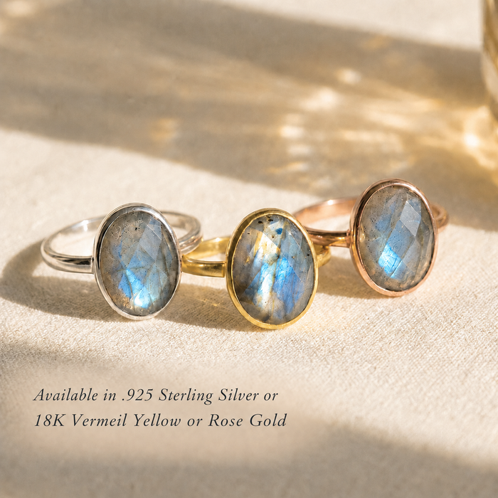 Labradorite ring available in .925 sterling silver, 18K yellow gold vermeil, and 18K rose gold vermeil.
