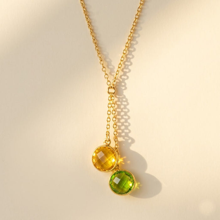Lariat birthstone necklace with two gemstone pendants, gold Y necklace for mom
