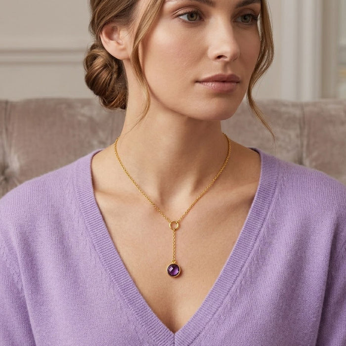 Birthstone pendant chart showing all gemstone colors, customizable lariat necklace options