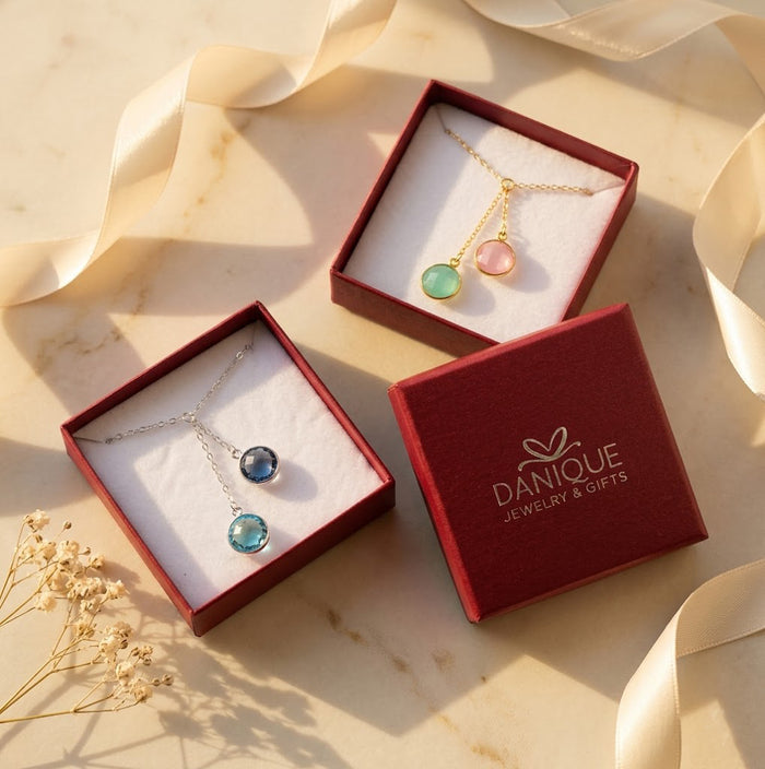 Gift-ready birthstone necklace packaging, personalized jewelry gift for mom