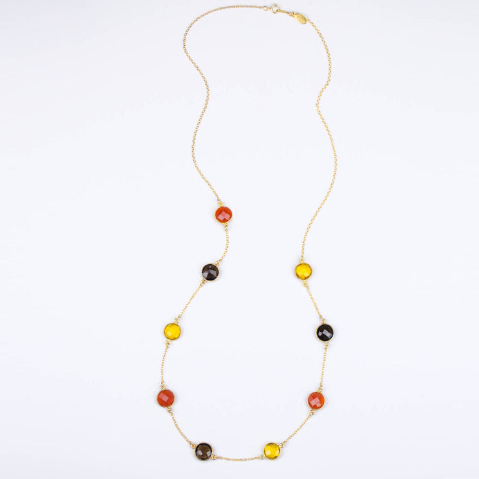 Long Citrine, Carnelian, Smoky Quartz bezel station necklace