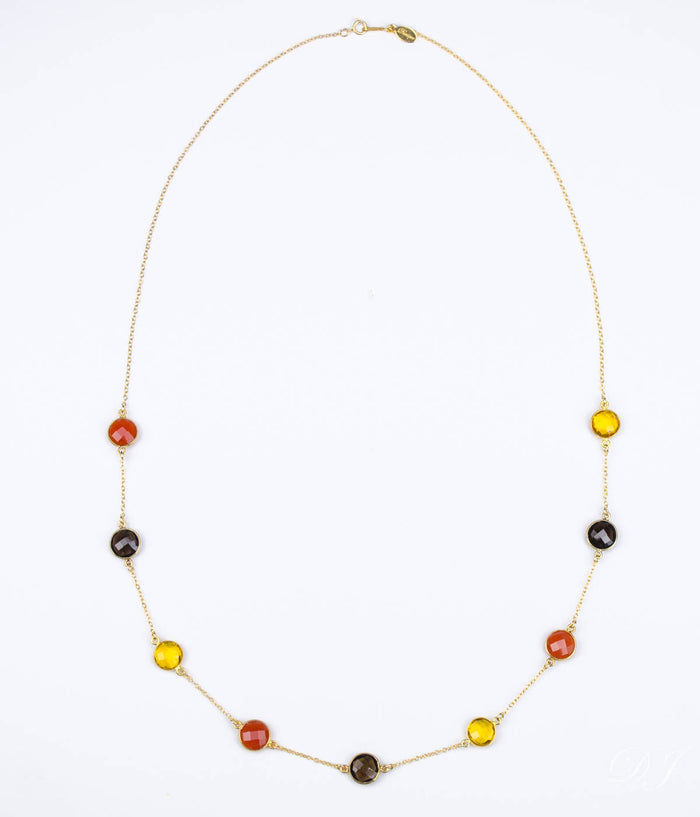 Long Citrine, Carnelian, Smoky Quartz bezel station necklace