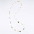 Long Labradorite, Moonstone, Blue Topaz bezel station necklace