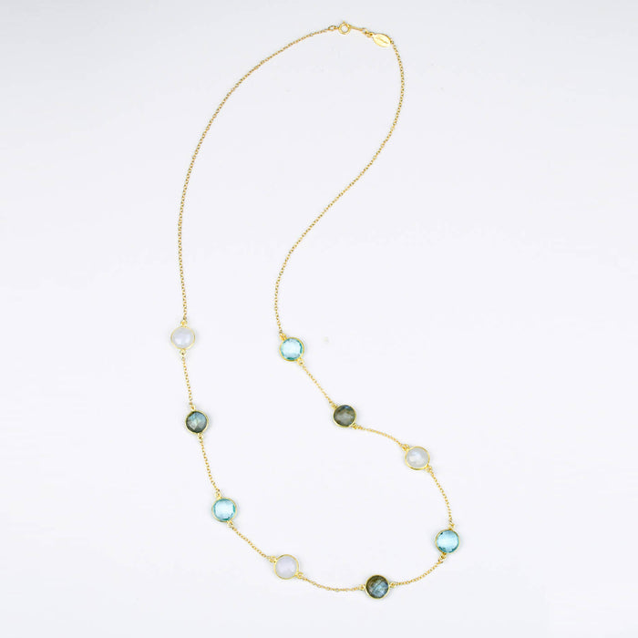 Long Labradorite, Moonstone, Blue Topaz bezel station necklace