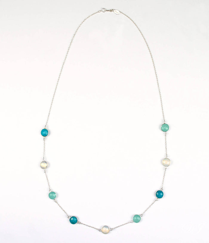 Long Opalite, Aqua Chalcedony, Turquoise bezel station necklace