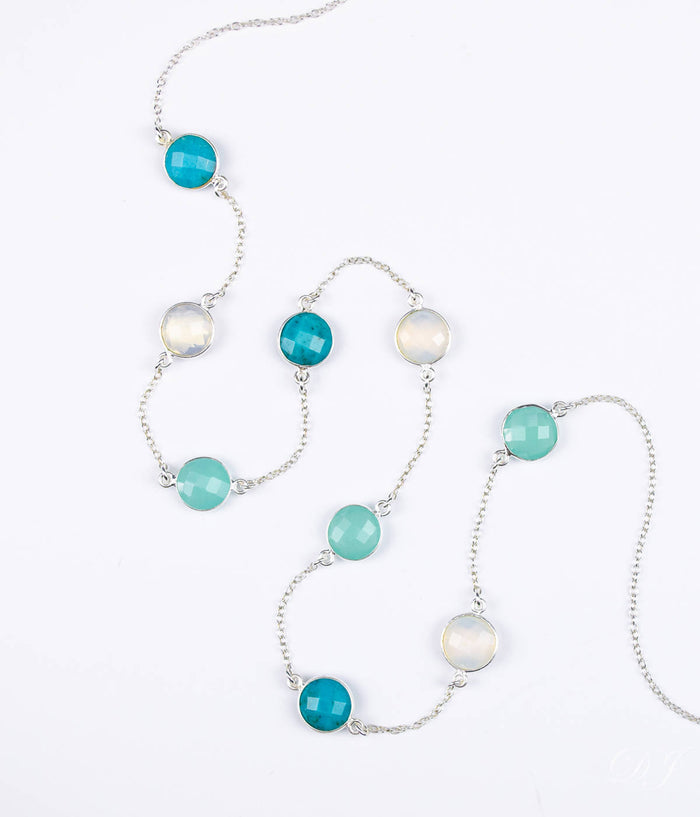 Long Opalite, Aqua Chalcedony, Turquoise bezel station necklace
