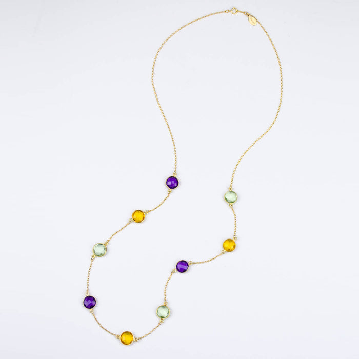 Long Purple Amethyst, Citrine, Green Amethyst bezel station necklace