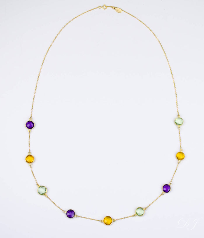 Long Purple Amethyst, Citrine, Green Amethyst bezel station necklace