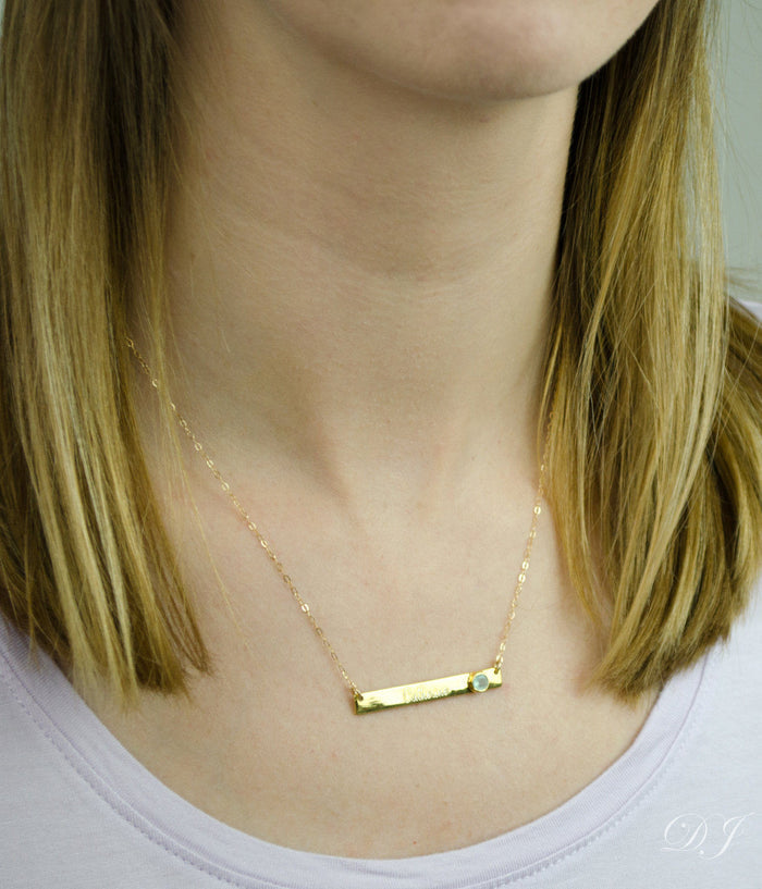 March Custom Bar Necklace with Bezel Birthstone