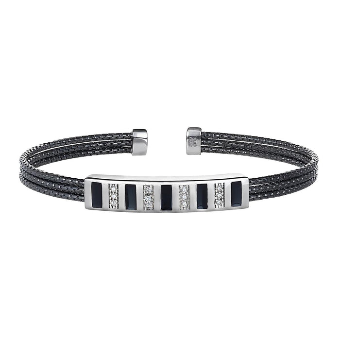 Mens Cubic Zirconia Cuff Bracelet in Sterling Silver and Black Rhodium