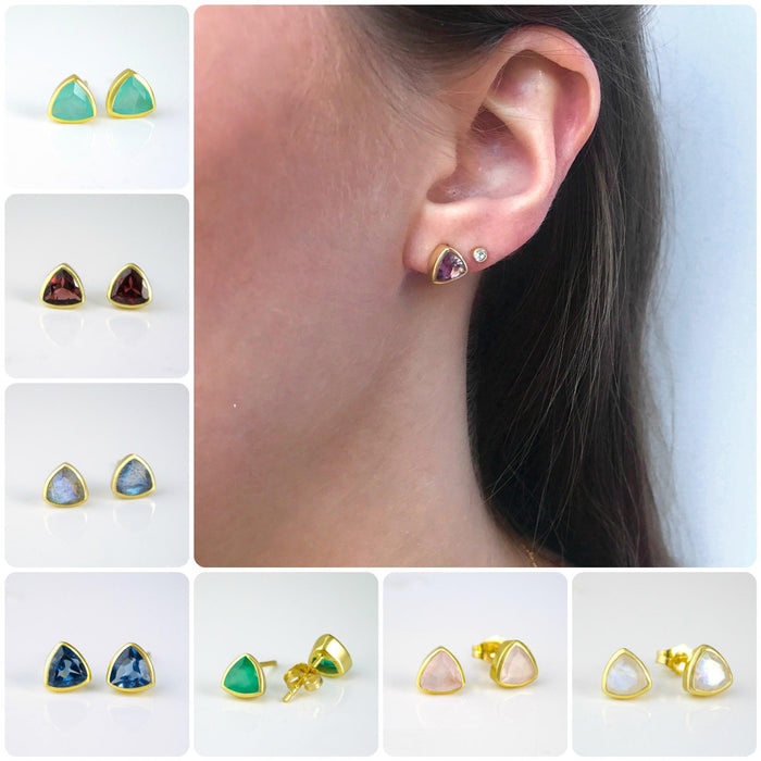 Minimalist Green Onyx Triangle Studs • May Birthstone