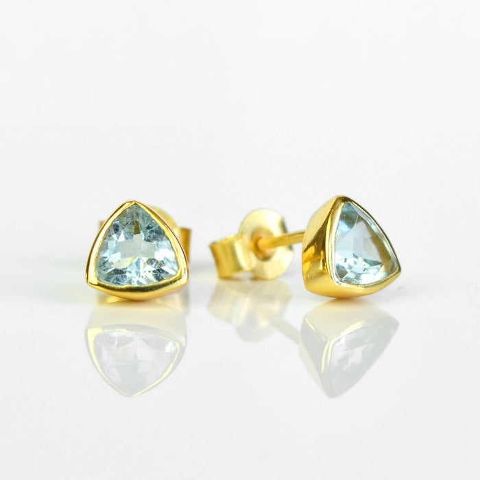 Minimalist Sky Blue Topaz Triangle Studs • December Birthstone