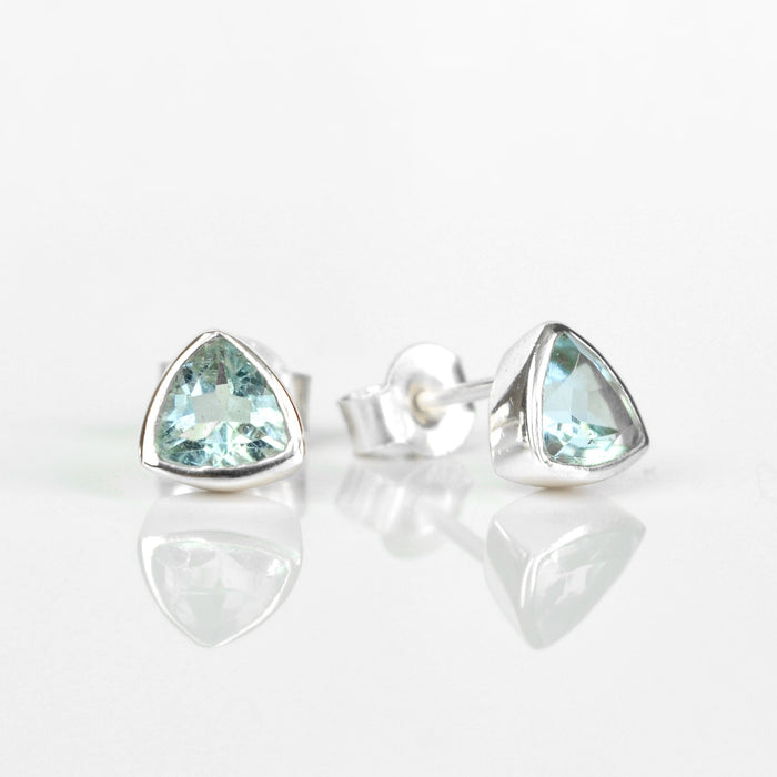 Minimalist Sky Blue Topaz Triangle Studs • December Birthstone