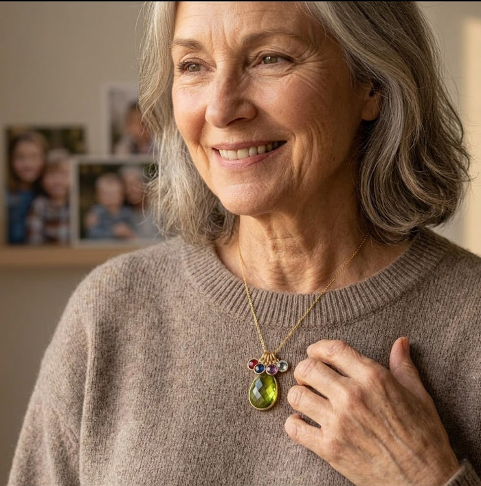 Grandma wearing custom family birthstone necklace with large center stone and kids charms