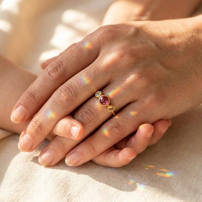 Three stone mother ring in gold with family birthstones, personalized mom jewelry