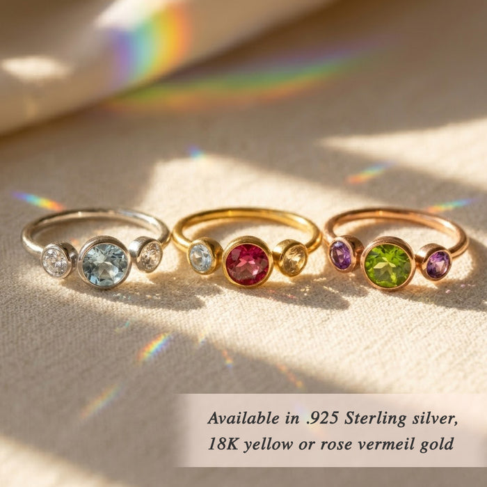 Personalized family birthstone ring with three stones, meaningful gift for mom