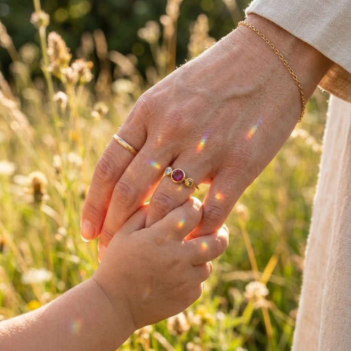 Three birthstone stacking ring for mom, custom gold ring with children gemstones