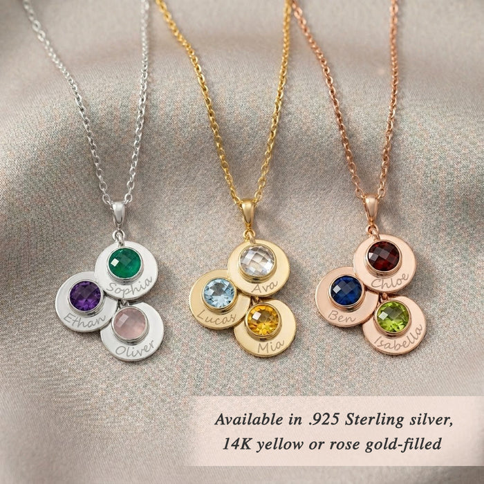 Sterling silver personalized mom necklace engraved with a child or grandchild name and emerald birthstone charm. Ideal for new grandmother gifts, mother-in-law keepsakes, or grandma jewelry celebrating family milestones with elegance.