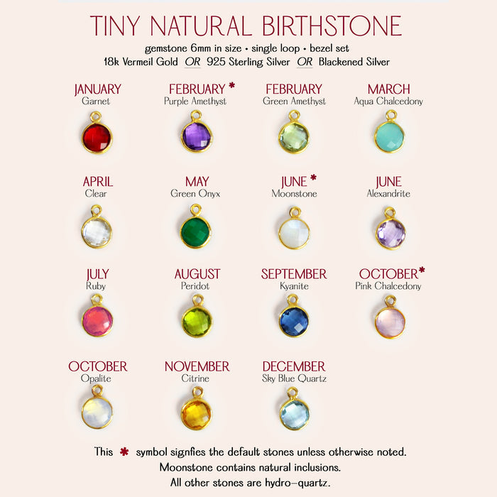 Tiny natural birthstone chart featuring 12 gemstone options for personalized jewelry, including garnet for January, purple or green amethyst for February, aqua chalcedony for March, clear quartz for April, green onyx for May, moonstone or alexandrite for June, ruby for July, peridot for August, kyanite for September, pink chalcedony or opalite for October, citrine for November, and sky blue quartz for December. Gemstones are bezel set in sterling silver, 18k gold vermeil, or rose gold, ideal for custom neck