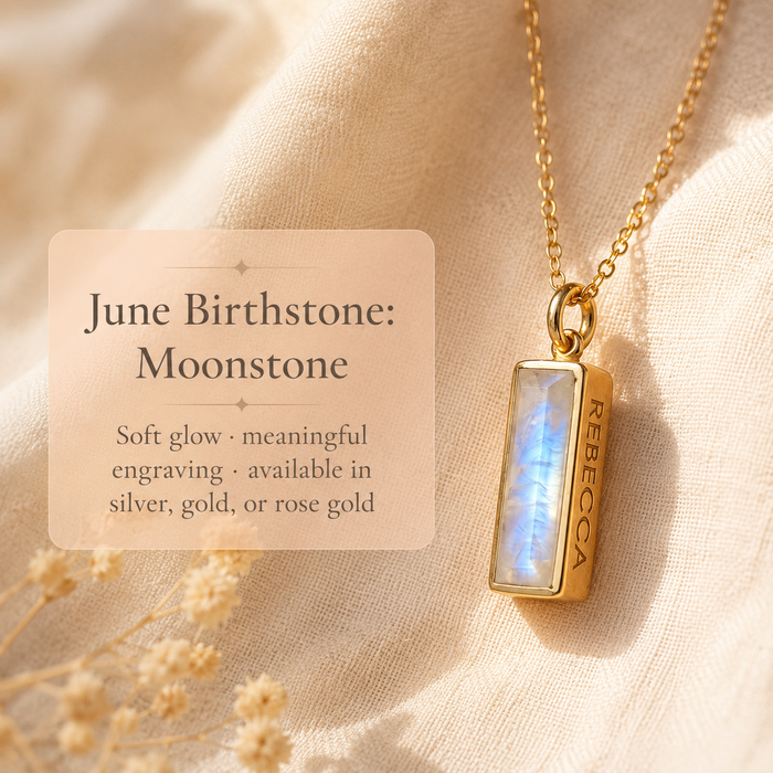 June birthstone moonstone necklace image with text explaining soft glow, meaningful engraving, and silver, gold, or rose gold options.