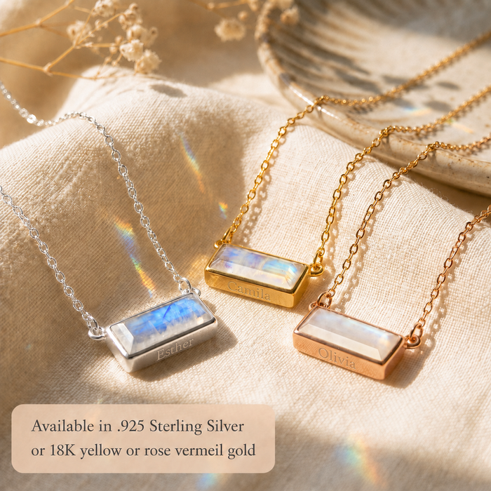 Moonstone bar necklaces in sterling silver, yellow gold, and rose gold with text showing available metal finishes.