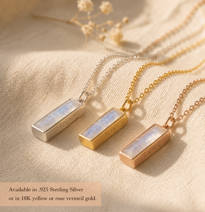 Moonstone bar necklaces in sterling silver, yellow gold, and rose gold with text showing available metal finishes.
