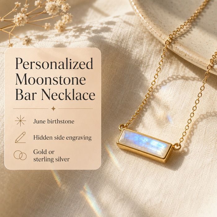 Personalized moonstone bar necklace image with text highlighting June birthstone, hidden side engraving, and gold or sterling silver options.