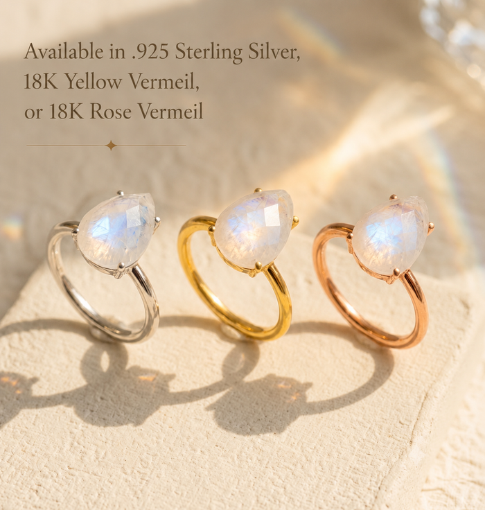 Moonstone rings in sterling silver, yellow vermeil, and rose vermeil with metal options text