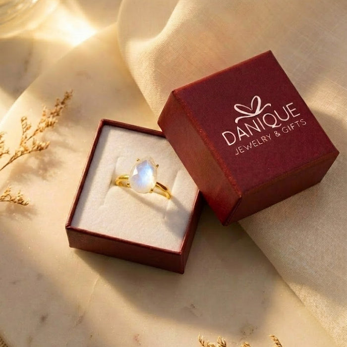 Danique Jewelry gift box with moonstone teardrop ring ready for gifting