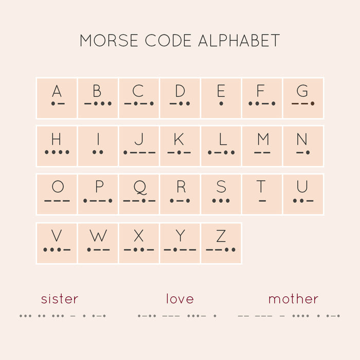 Morse code alphabet chart used to translate personalized words into hidden message necklace. Custom morse code jewelry guide for creating secret message bar necklace with meaningful symbols.