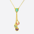 Single mother's gold lariat necklace with aqua chalcedony double loop teardrop birthstone and aqua chalcedony double loop teardrop birthstone, three hanging birthstones with full names engraved on name tags. Stones include: pinky chalcedony, blue topaz and purple amethyst