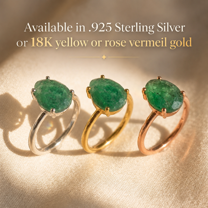 Natural emerald rings displayed in .925 sterling silver, 18K yellow gold vermeil, and 18K rose gold vermeil.