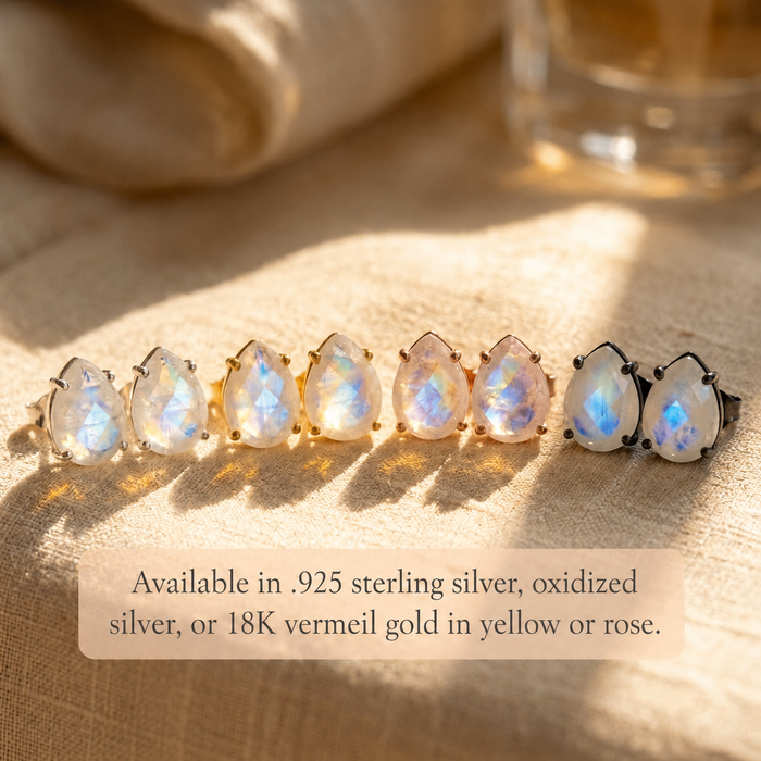 Colorful teardrop gemstone stud earrings including rainbow moonstone, shown in gold, rose gold, oxidized and bright .925 sterling silver settings with birthstone options for personalized jewelry gifts.